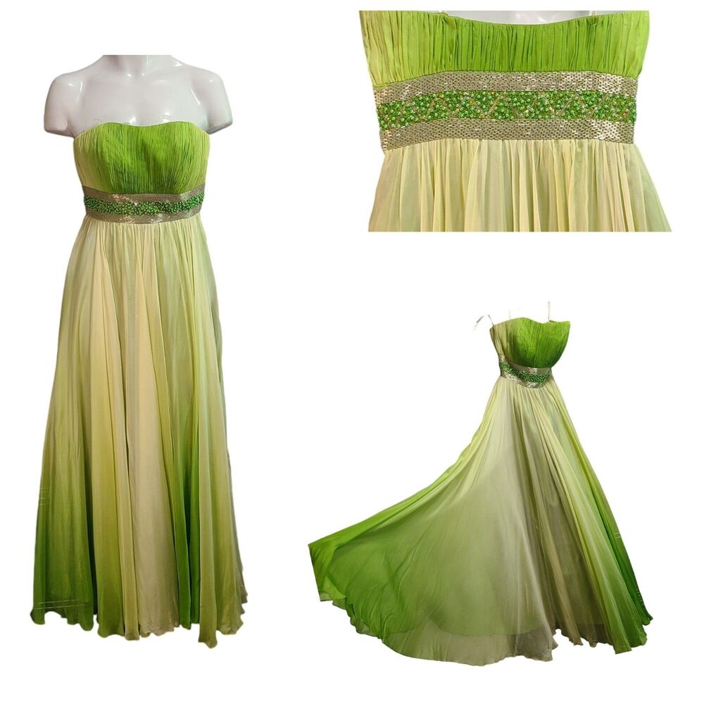 Sherri Hill Dress Womens 6 Green Silk Organza Sequin Strapless Gala Pageant Prom